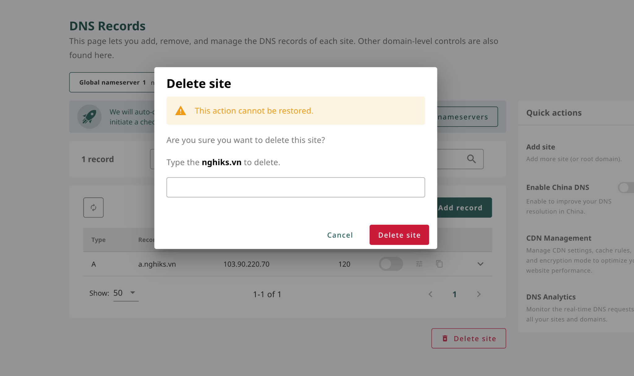 Xóa site khỏi hệ thống