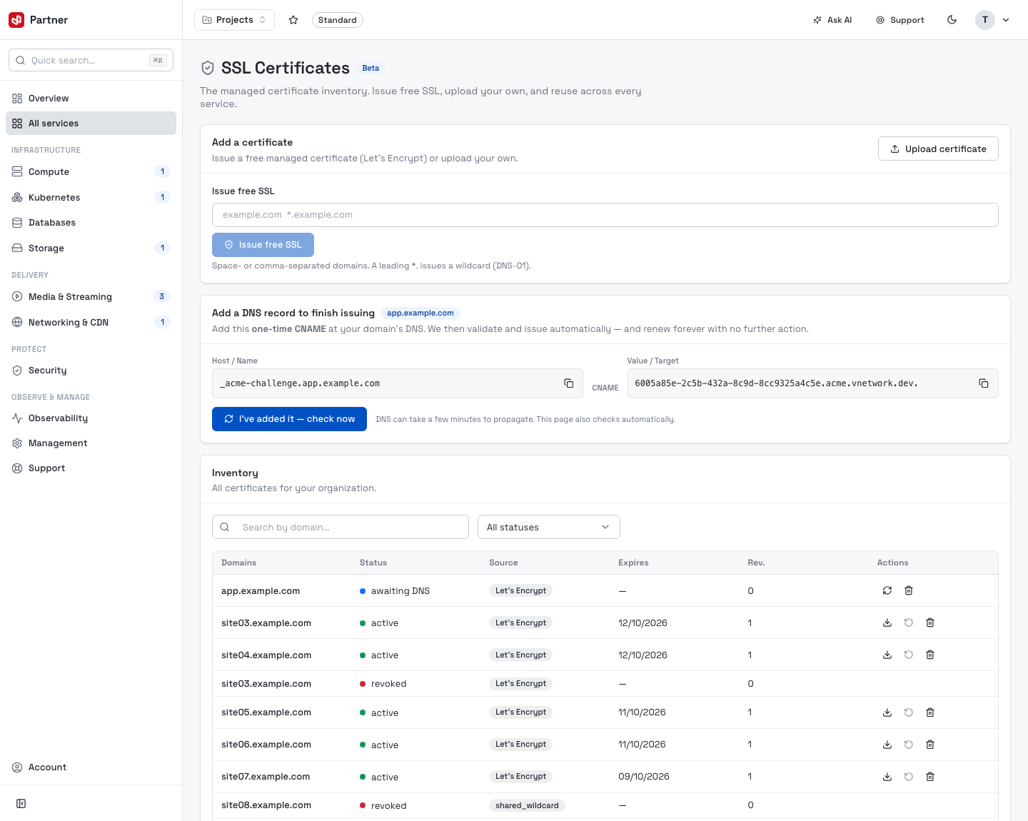 SSL Certificates — add a certificate