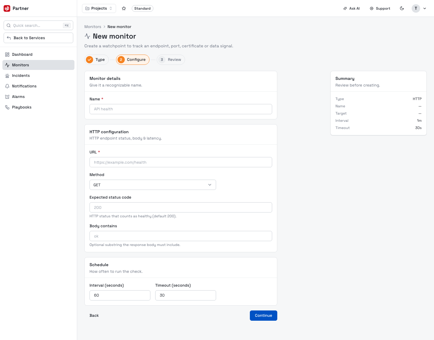 New monitor — HTTP configuration