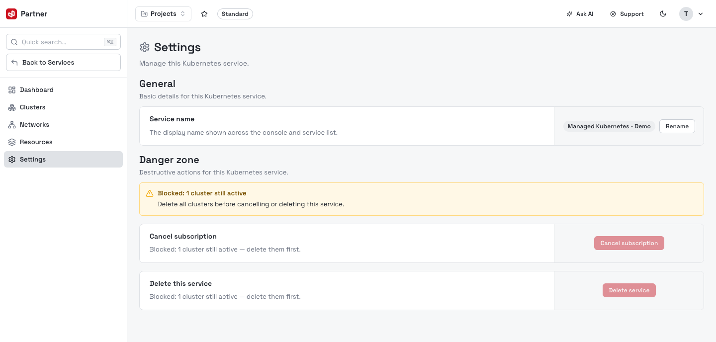 Kubernetes service settings