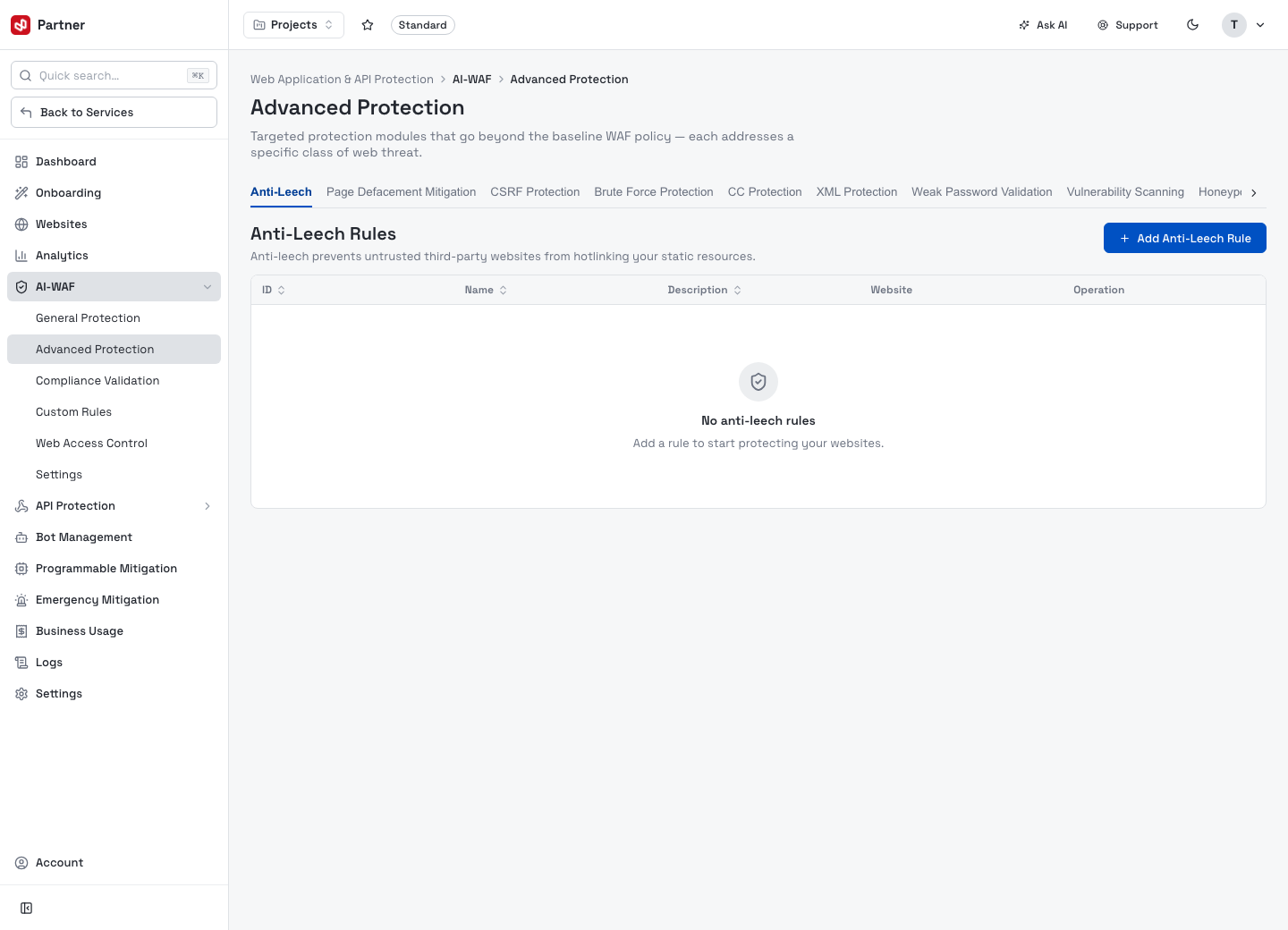 AI-WAF — Advanced Protection (module tabs)