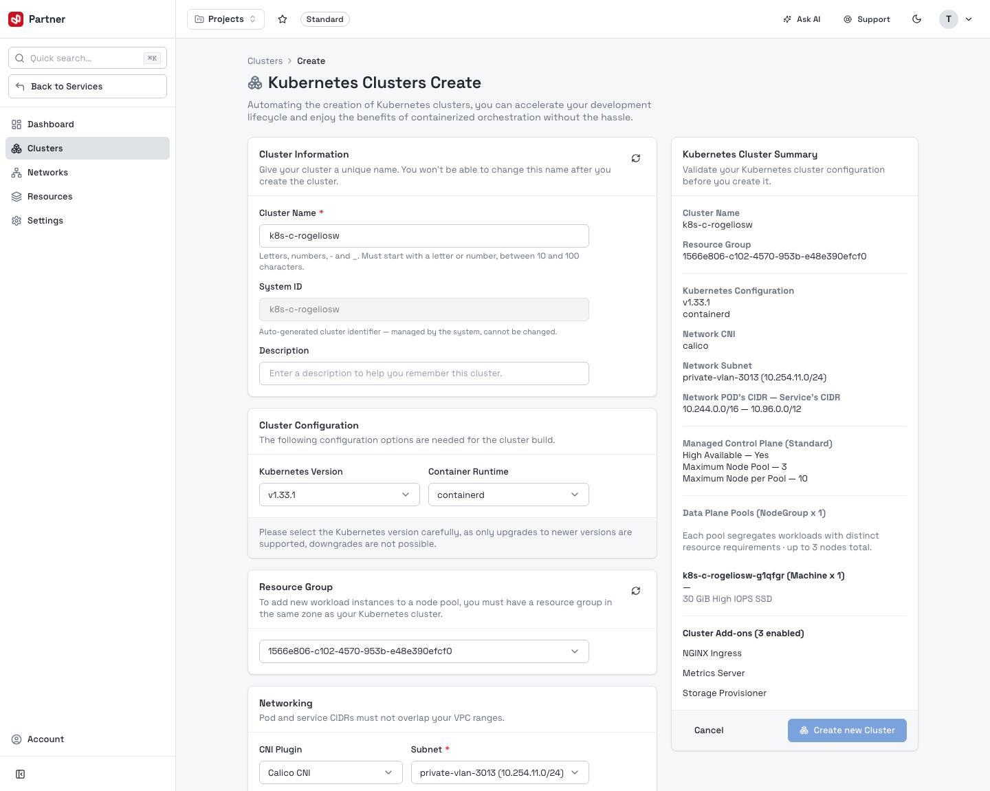 Create cluster — information, configuration &amp; networking