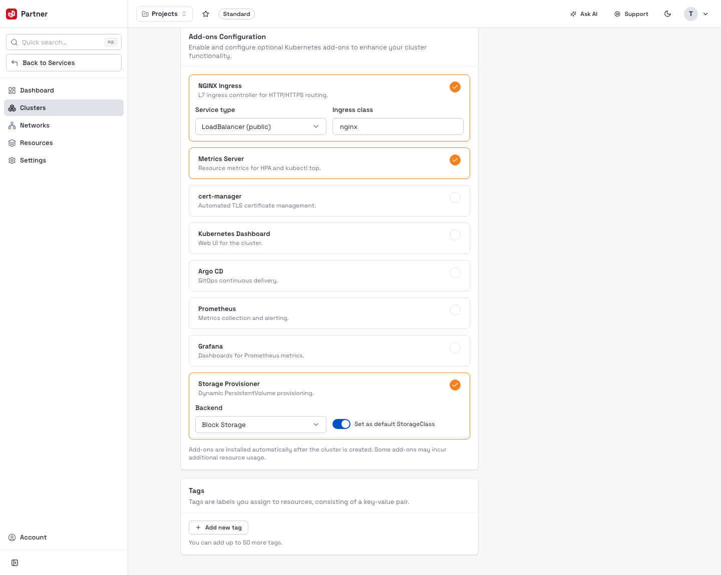 Create cluster — add-ons &amp; tags