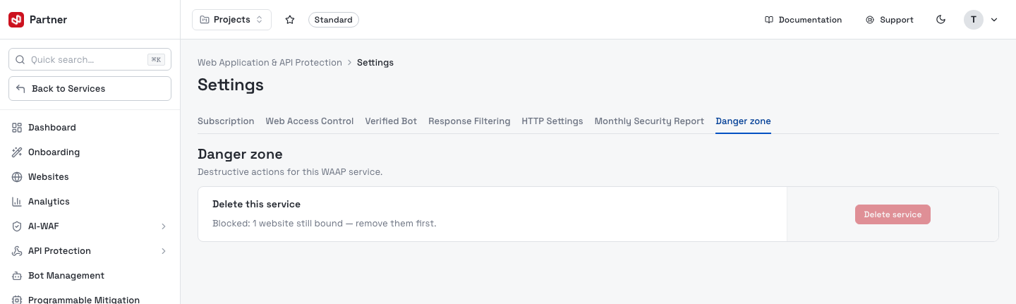 Settings — Danger zone