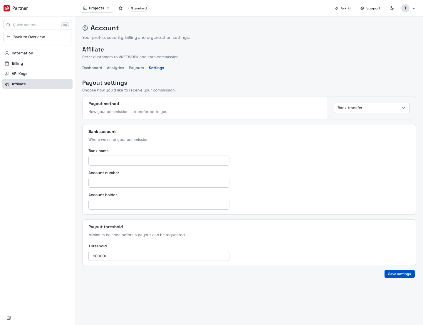 Affiliate — Settings