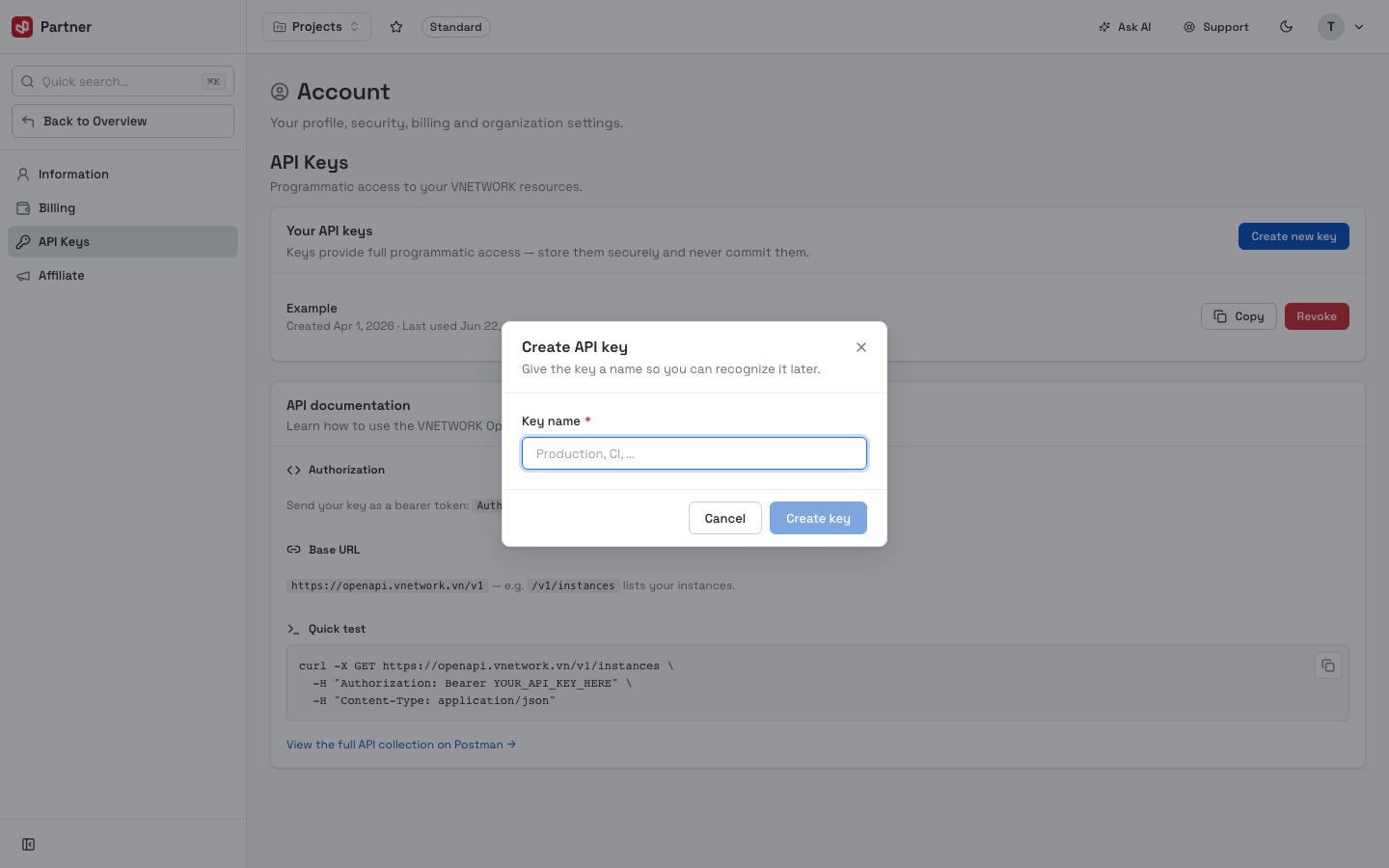 Create API key dialog