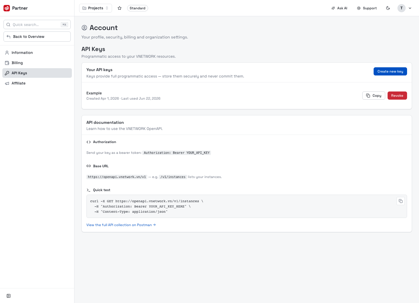 Account — API Keys