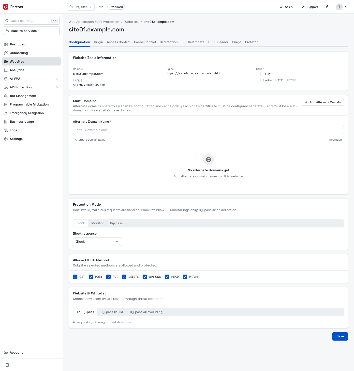 Website configuration — Configuration tab