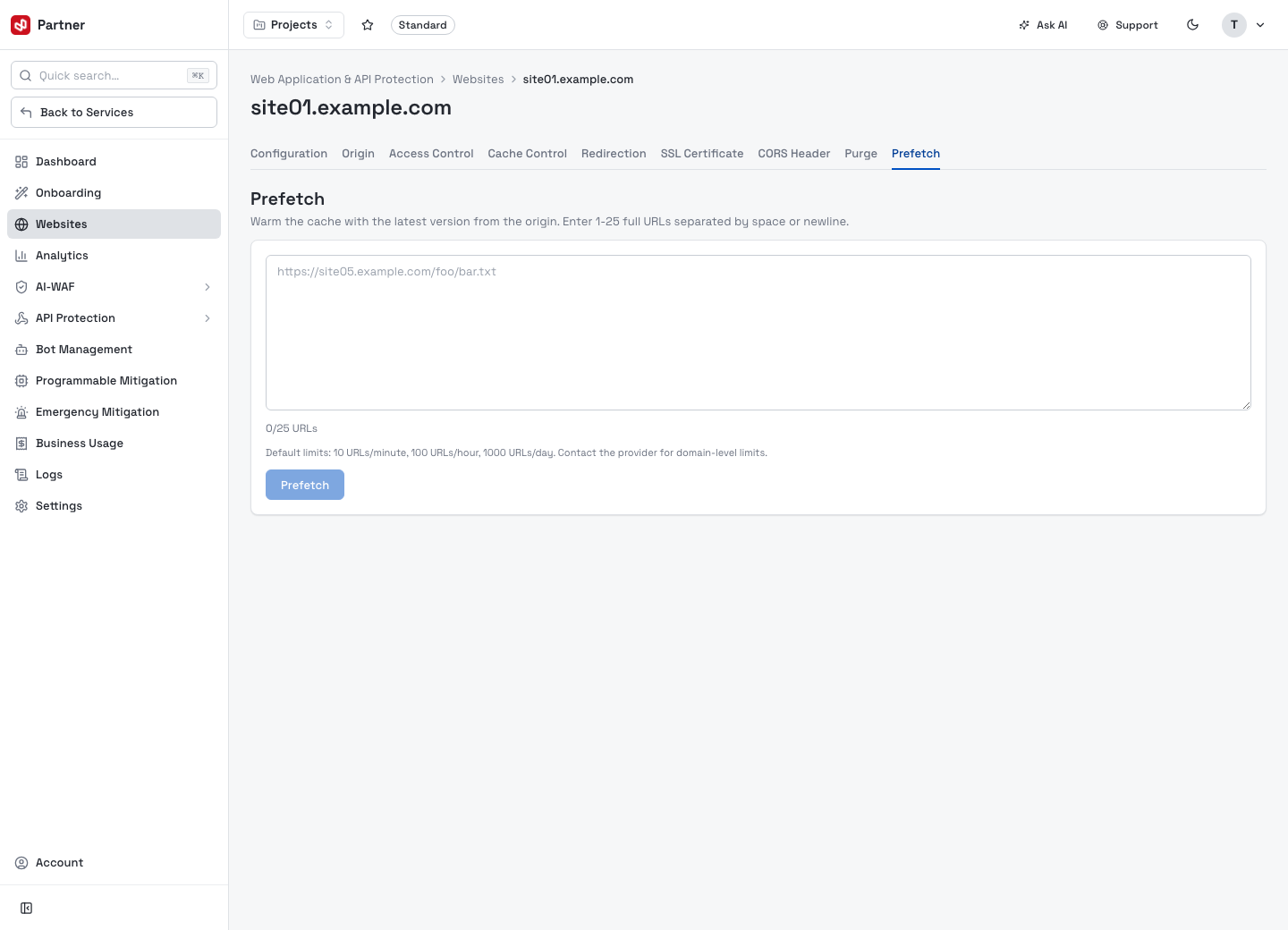 Website configuration — Prefetch
