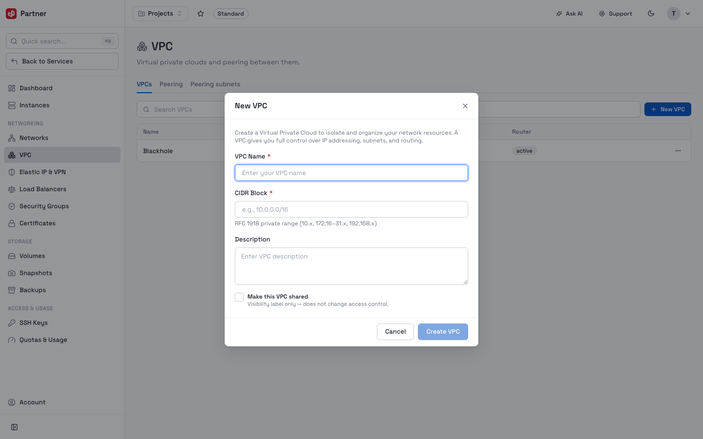 New VPC dialog