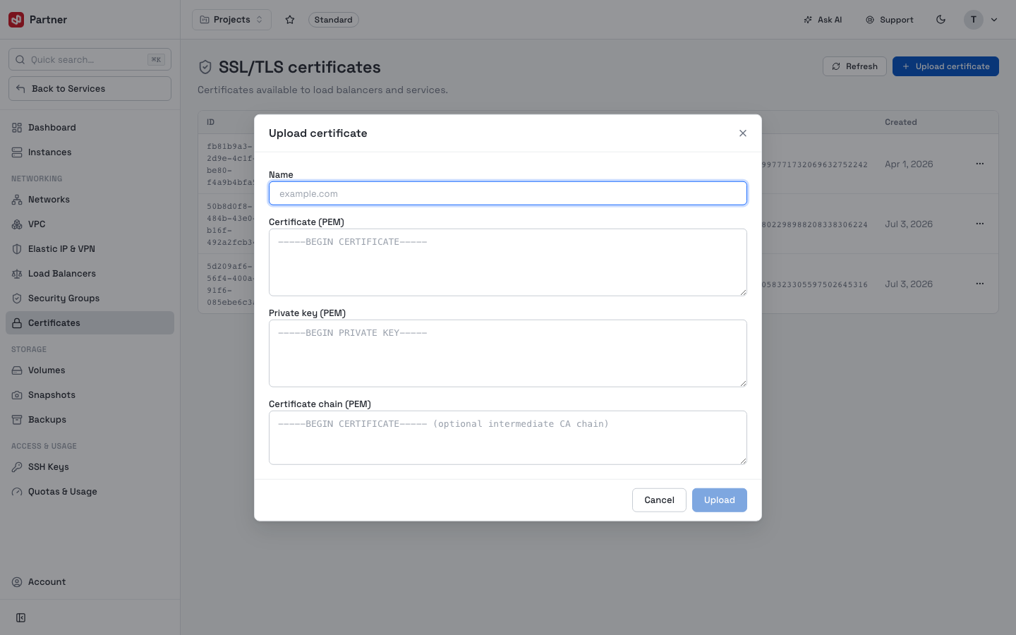 Upload certificate dialog