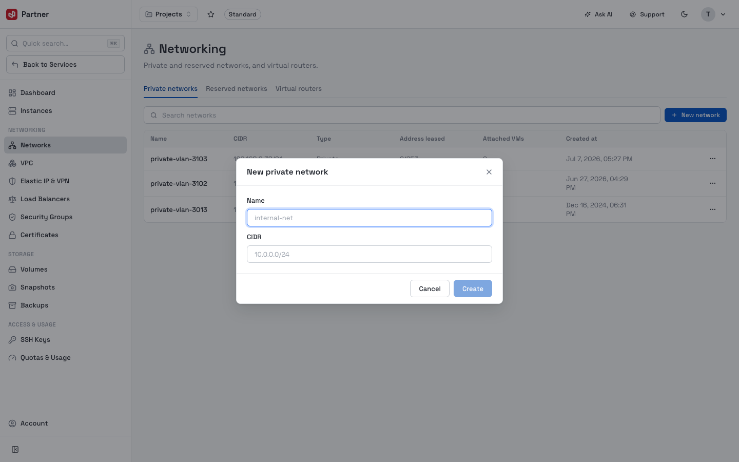New network dialog