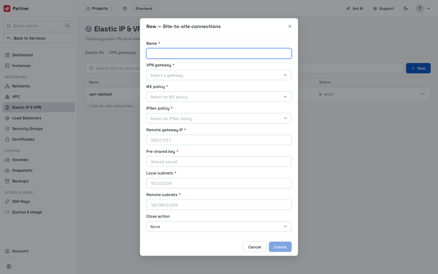New site-to-site connection dialog