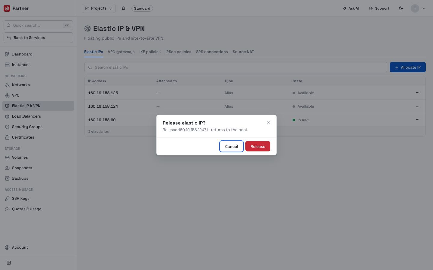 Release elastic IP confirmation