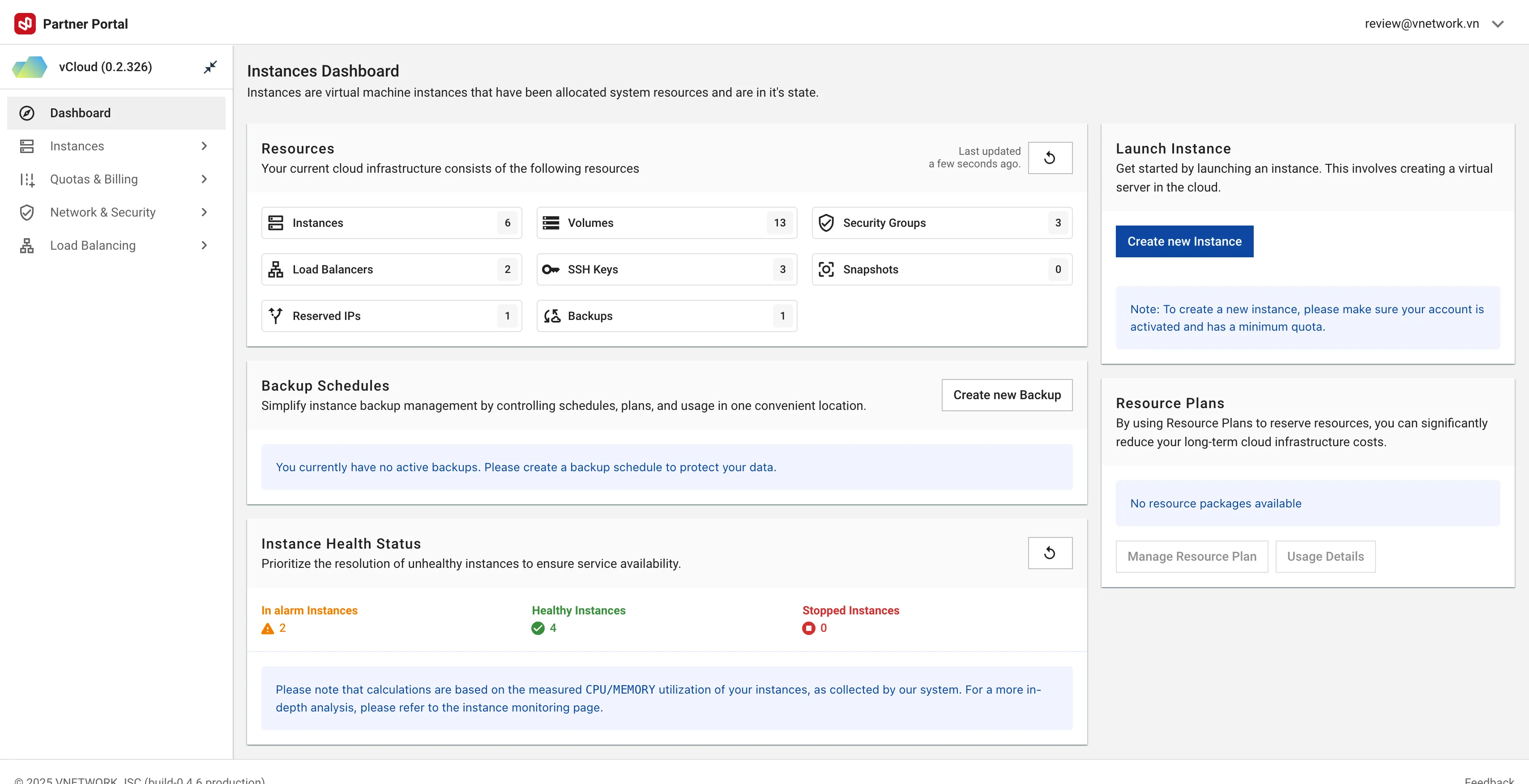 Figure needed: Instance Dashboard showing resource overview, health status, backup schedules, and quick actions panel
