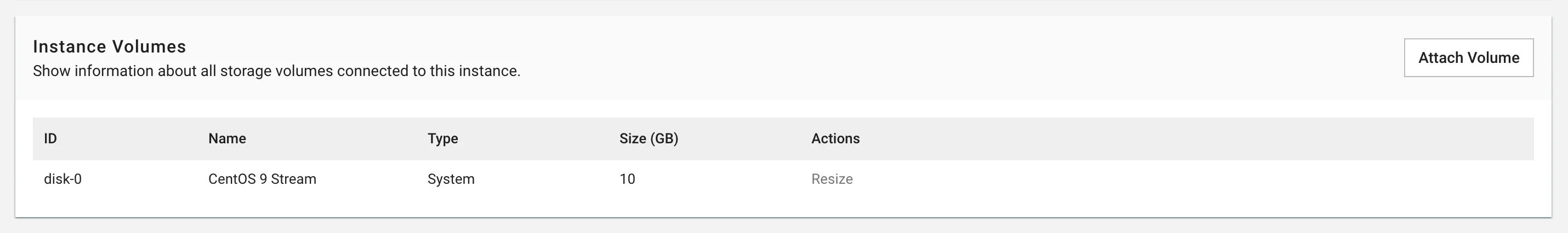Figure needed: Server volumes management interface showing attached volumes list