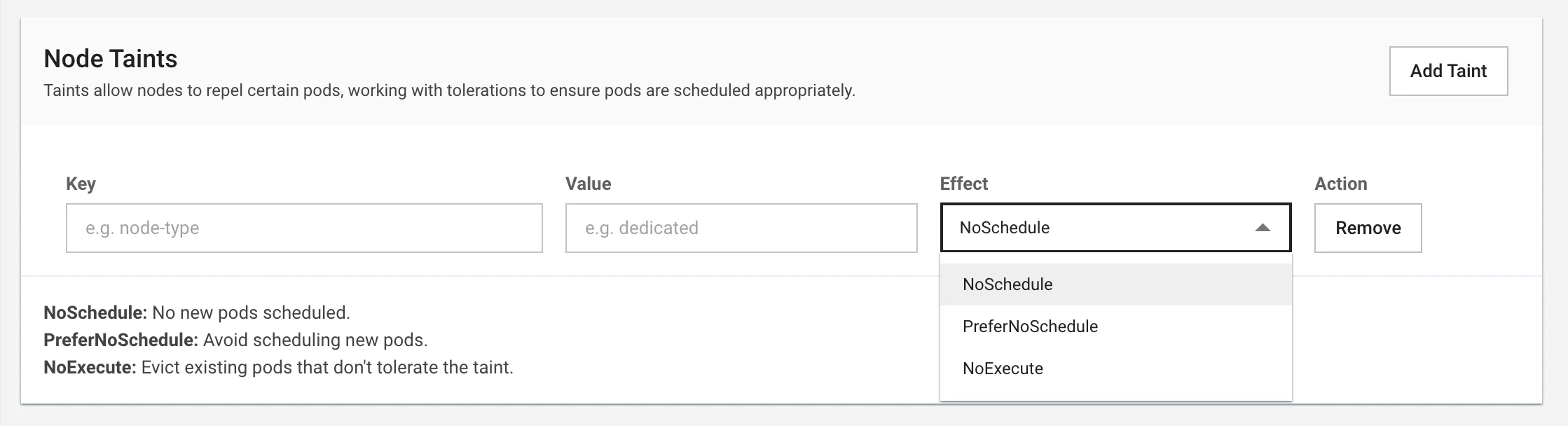 Node Taints Configuration