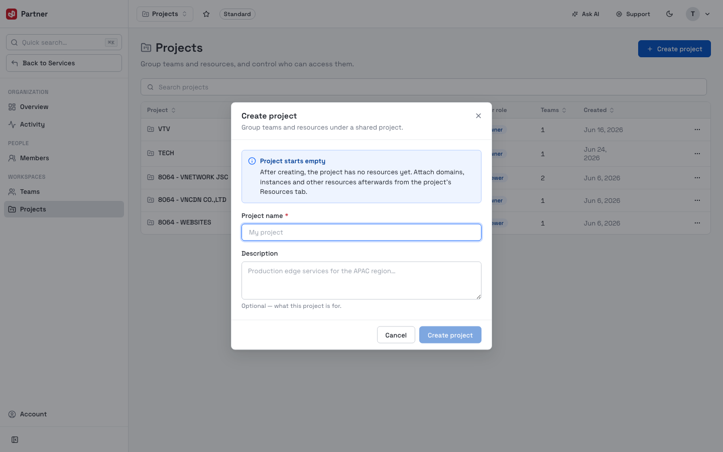 Create project dialog